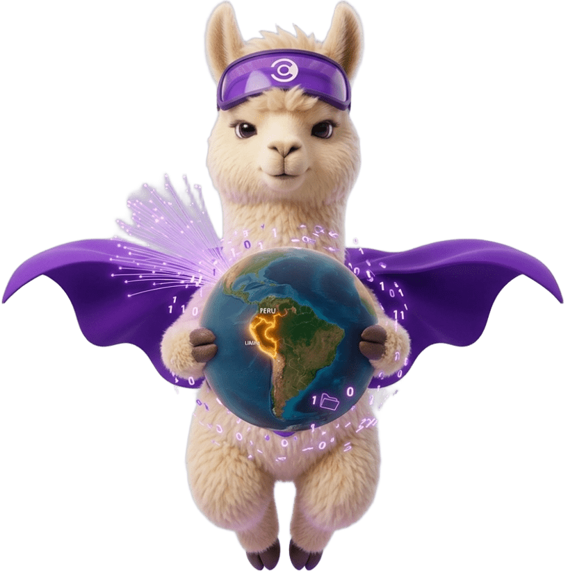 Mascota CONECTO con capa y el planeta Tierra